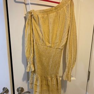Long sleeve mini dress, size small with yellow check print and fitted skirt